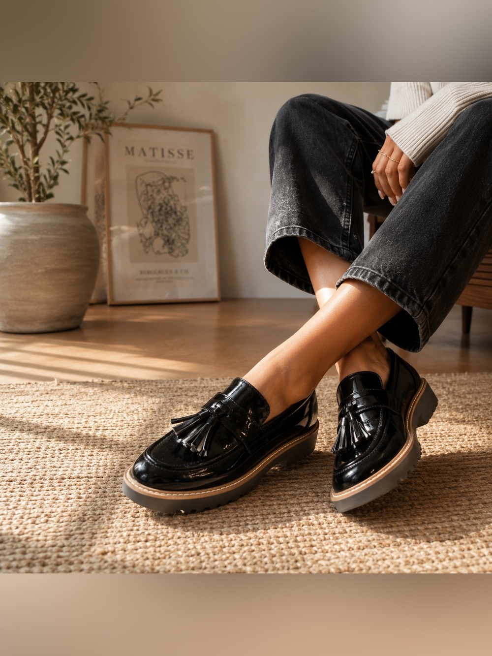 Franco Sarto Patent Tassel Lug Sole Loafers Black Preppy Academia